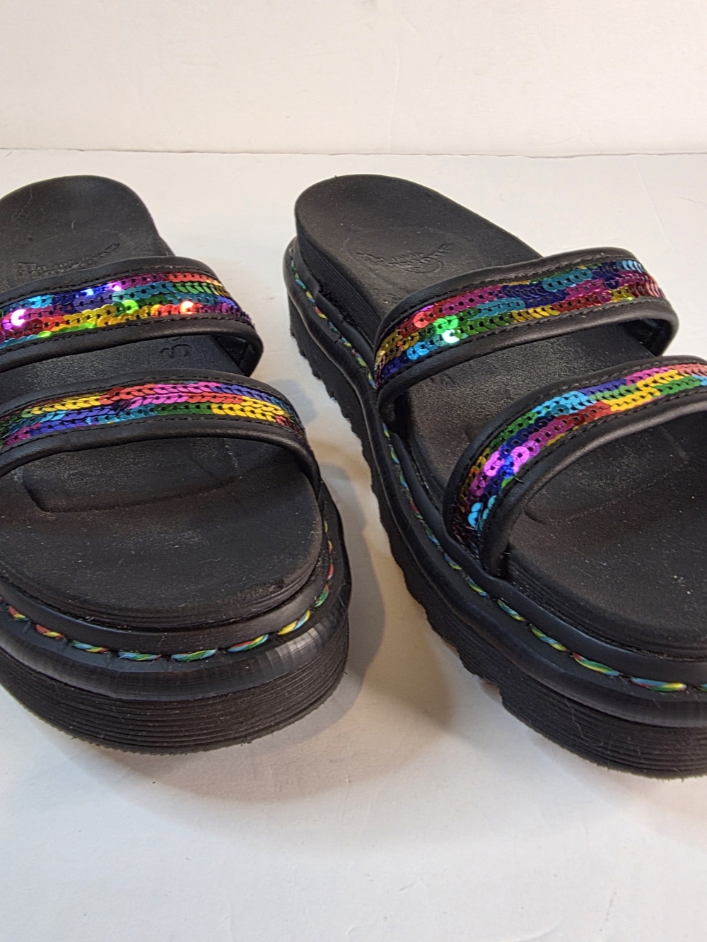 Dr. Martens Black Platform Slide Sandals with Rainbow Sequin Straps Size 10